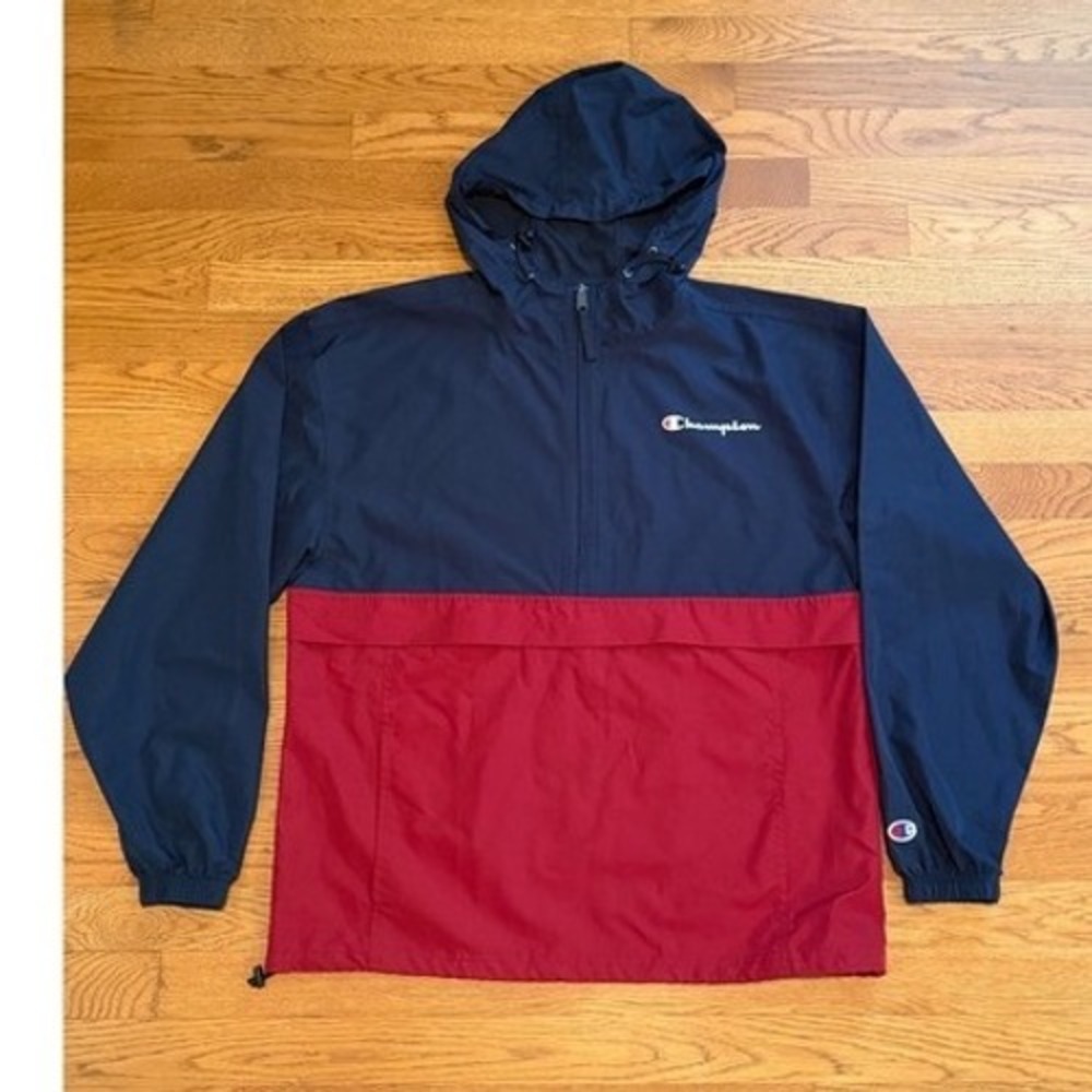 Champion Mens Navy Red Colorblock Packable Quarter Zip Windbreaker Jacket M